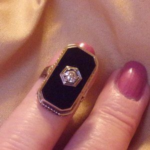 14 Karat White Gold Antique "Art Deco" Black Onyx And Diamond Pinky Ring Sz. 3.5
